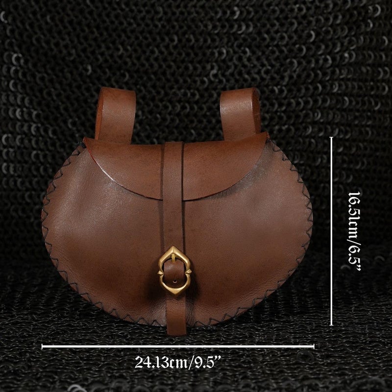 Mythrojan Medieval Leather Belt Bag with Solid Brass Buckle, ideal for SCA LARP reenactment & Ren fair, Full Grain Leather, Brown, 6.5â€Ã—9.5â€ - Brown - Image 2